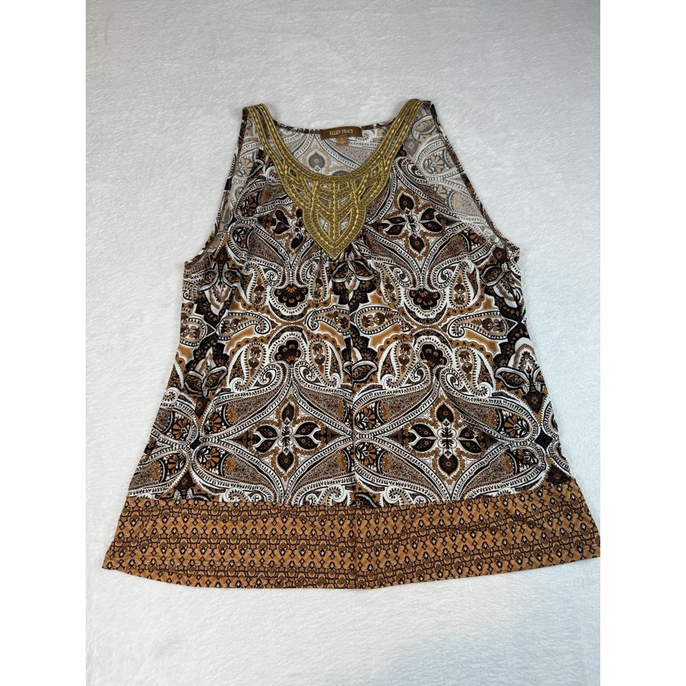 Ellen Tracy Paisley Gold Beaded Sleeveless Blouse‎ Boho Flowy Dressy Casual